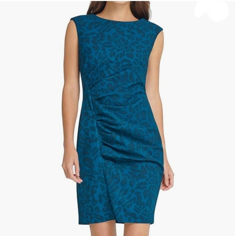 Slvls Black Tonal AnimalPrint Crepe Midi SheathDress TealBlue Donna Karan DKNY